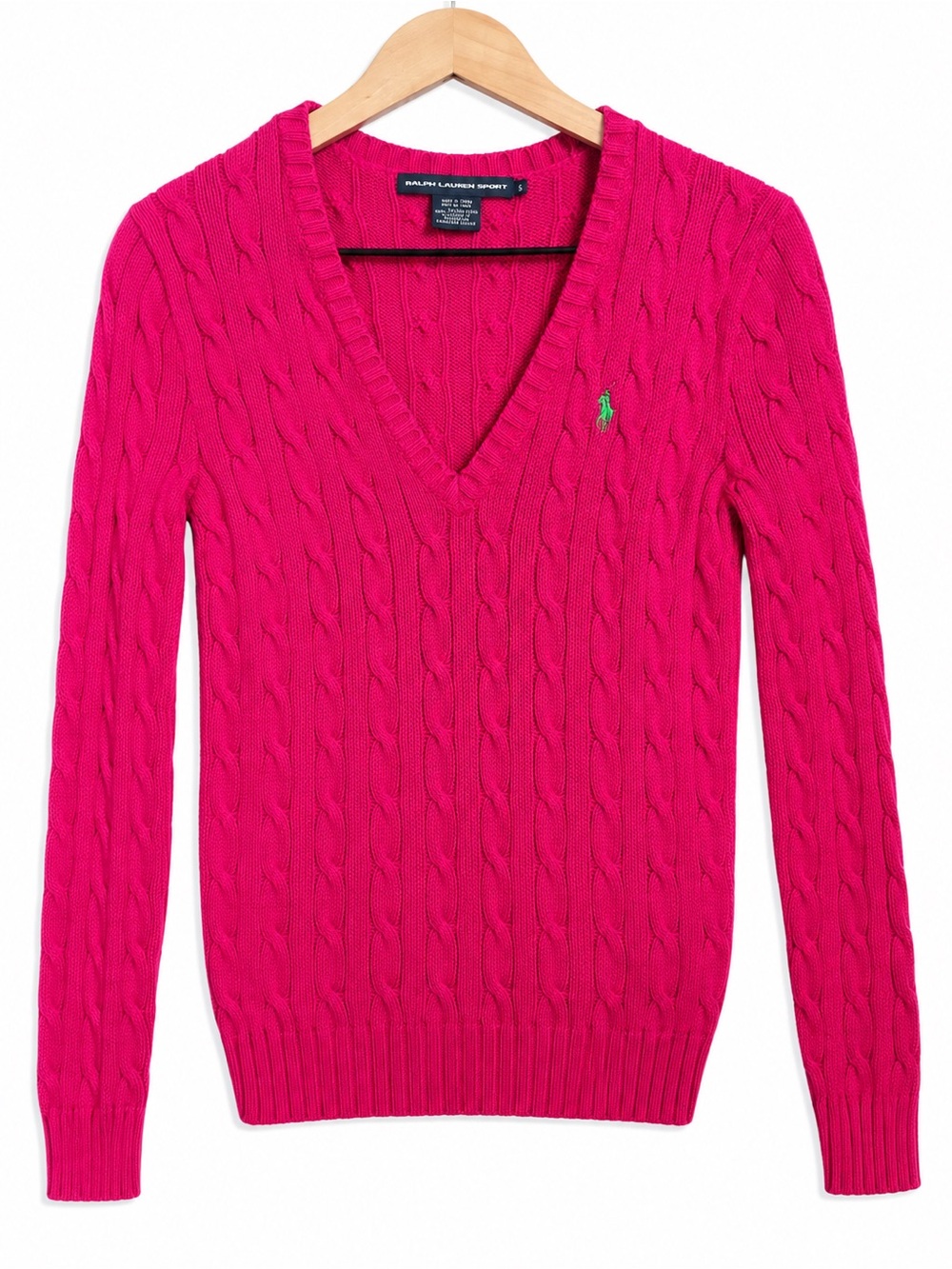 Vintage Ralph Lauren Sport Pink Cable Knit V Neck Sweater S Green Pony